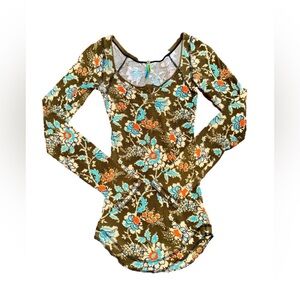 Free People Floral Long Sleeve thermal Top Olive and Teal